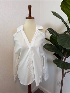 White Cold Shoulder Button-Up Blouse - Cutout Shoulder
